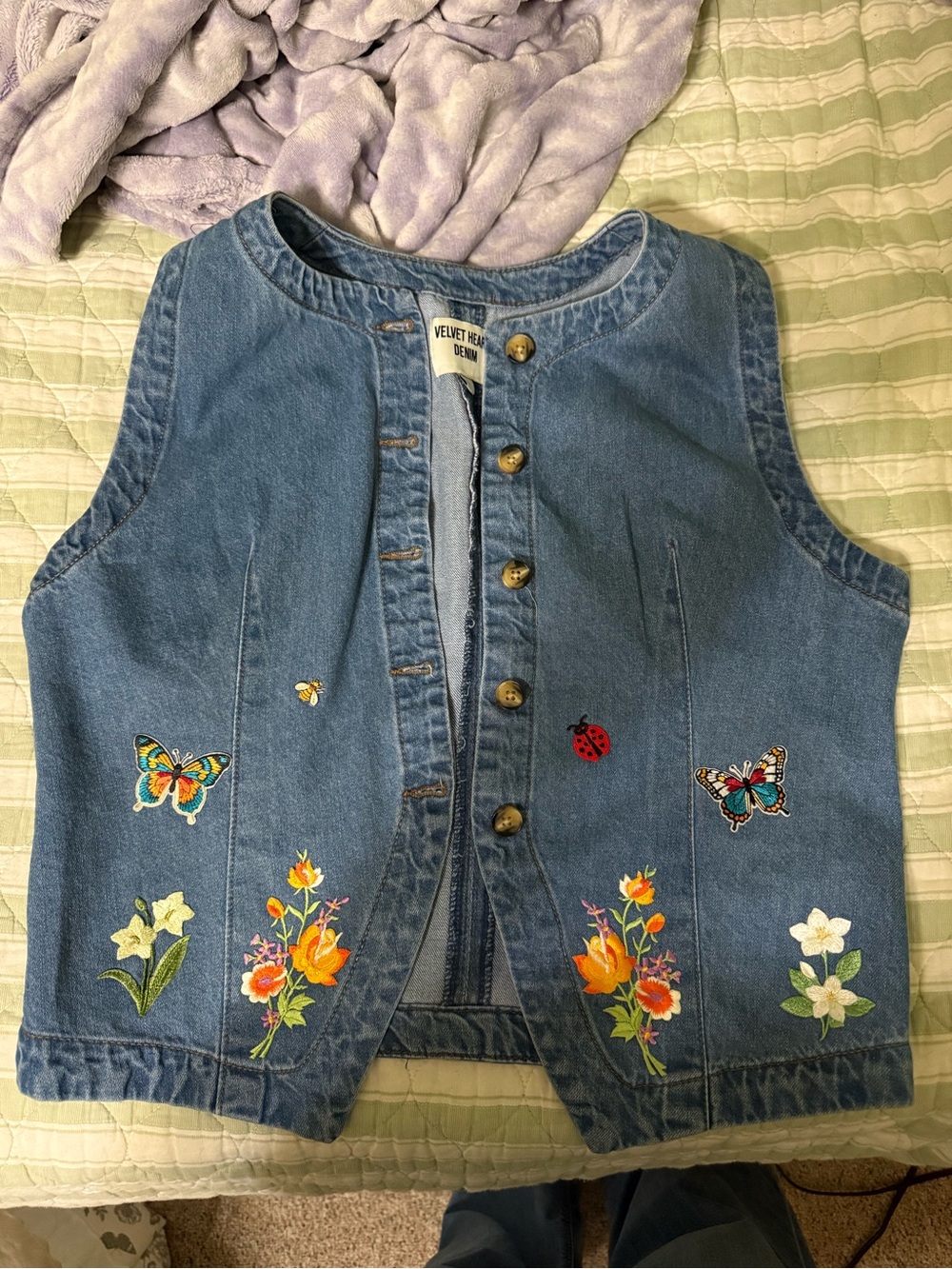 Velvet Heart Blue Denim Embroidered Butterfly & Floral Denim Vest